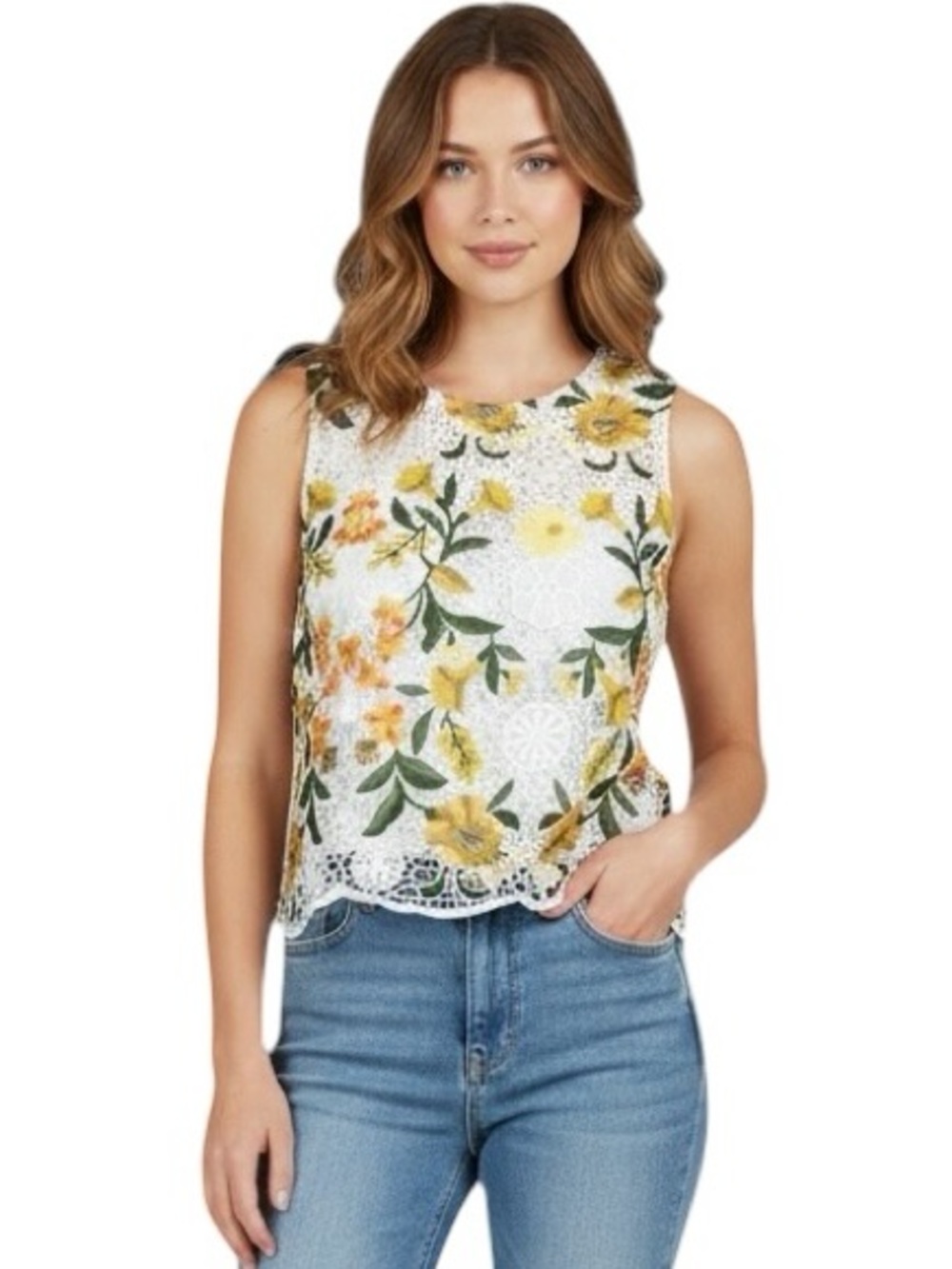 Dolan Anthropologie Floral Embroidery Sleeveless Crochet Tank NWOT